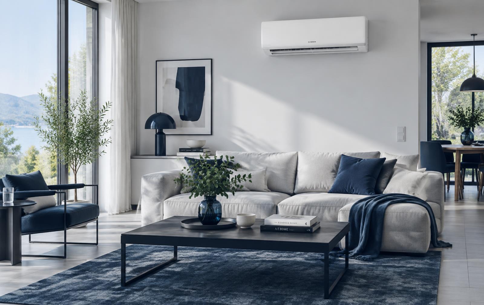 Moderne Split-Klimaanlage in einem hellen Wohnzimmer